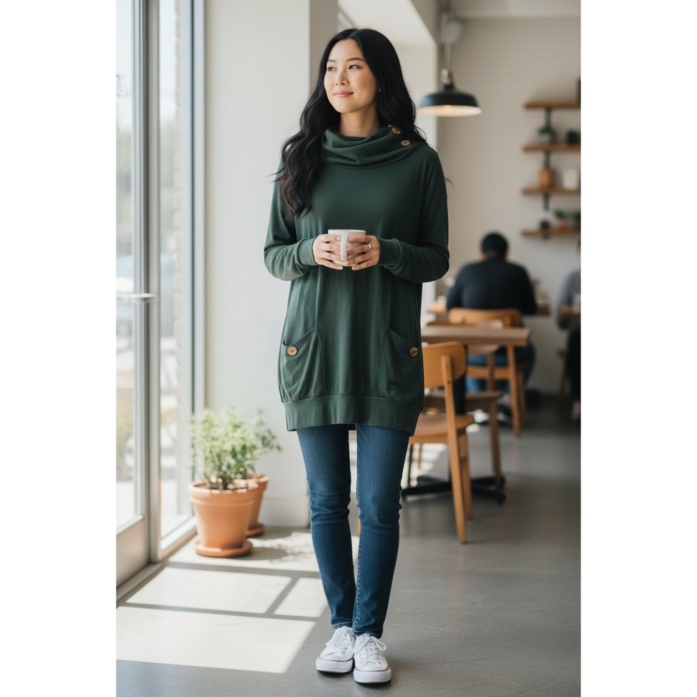 Levaca Forest Green Cowl Neck Tunic Top Wooden Buttons Pockets Women's L
